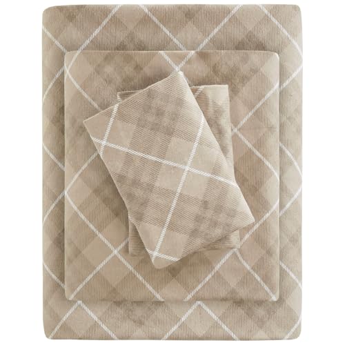 SLEEP PHILOSOPHY True North Cozy Flannel Warm 100% Cotton Sheet - Novelty Print Animals Stars Cute Ultra Soft Cold Weather Bedding Set, King, Tan Plaid 4 Piece