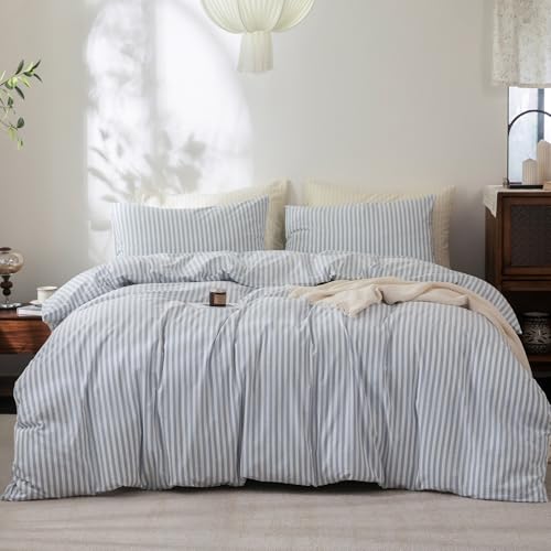 FOSSA Striped Duvet Cover Set 100% Washed Cotton Linen Feel Oversized King - Super Soft Breathable Lightweight & All Season Bedding Set with Hidden Zipper & 8 Corner Ties (Cornflower Blue)