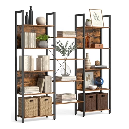 Relaxdays Industrial Bookshelf, 14 Shelves, Wood Look, Metal Frame, HWD: 166 x 158 x 24 cm, Vintage Brown