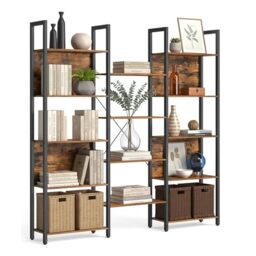 Relaxdays Industrial Bookshelf, 14 Shelves, Wood Look, Metal Frame, HWD: 166 x 158 x 24 cm, Vintage Brown