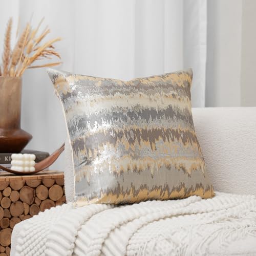 THE-TINOART Gold and Grey Pillow Covers 18X18 Glittery Jacquard Decorative Throw Pillow Cover Luxury Gold Silver Cushion Covers for Sofa Couch Chair Bedroom Living Room 1Piece