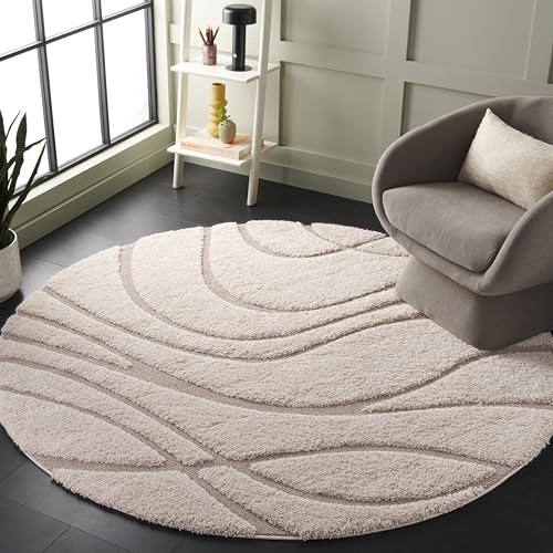 Safavieh Shag Rug for Living Room, Dining Room, Bedroom - Florida Shag Collection, High Pile, in Cream and Beige, 91 X 91 cm
