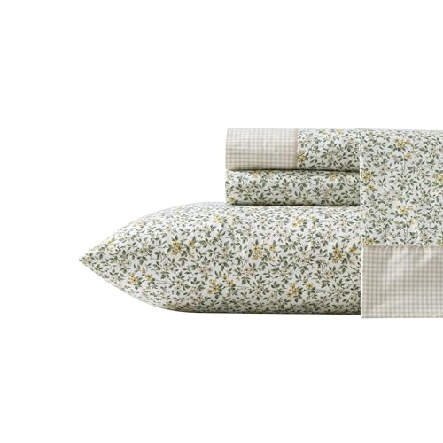 Laura Ashley - King Sheet Set, Breathable Percale Cotton Bedding with Deep Pockets, Chic Home Decor, Oeko-Tex Certified (Tierney Green, King)
