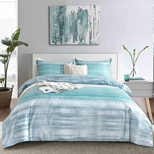 Blue Grey Striped Queen Size Duvet Cover - Teal and Gray Stripe Printed Pattern Reversible Microfiber Comforter Cover Bedding Sets - 3PC 90 x 90 Soft Bed Sets, Modern Abstract Style for Women Men