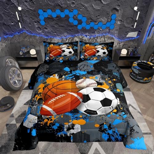 Feelyou Basketball Comforter Set Queen Size Baseball Comforter for Boys Girls Teens Football Bedding Set Sports Game Duvet Set Room Decor Balck Grey Blue Mixed Ball Quilt Set
