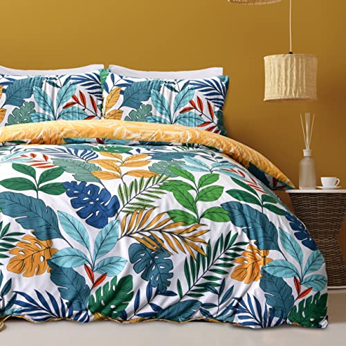 Sleepdown Tropical Palm Tree Floral Multi Brights Ochre Reversible Soft Easy Care Duvet Cover Quilt Bedding Set with Pillowcases - King (230cm x 220cm)