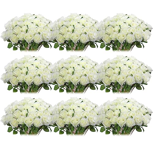 Jexine 100 Pieces Artificial Rose Flower Realistic Silk Roses with Stem Bouquet of Flowers Plastic Flowers Real Looking Fake Roses for Home Wedding Centerpieces Party Decorations (White)