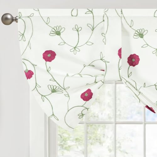 VOGOL Pink Flower Embroidered Kitchen Valance, 52 x 18 Inches, 1 Panel - Adjusted Tie, Linen Textured Fabric, Easy Rod Pocket Setup, Retro Country Style