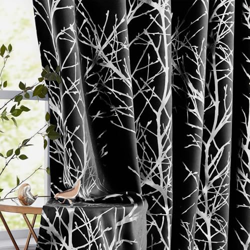 Fmfunctex Metallic Tree Blackout Curtains Bedroom Black 84-Inch Length Living-Room Branch Print Curtain Panels Triple Weave Thermal Insulated Drapes for Windows Dorm Hotel Grommet Top, 2Panels
