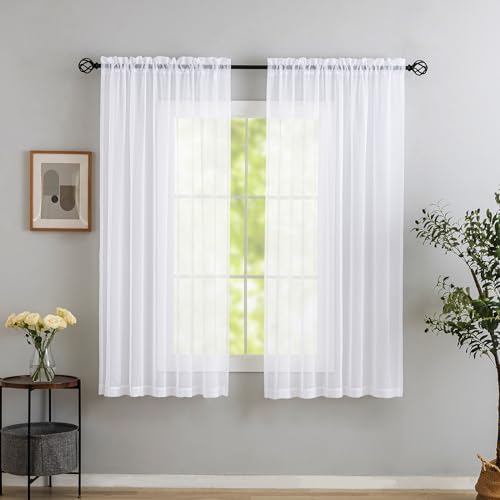 "MYSTIC-HOME White Sheer Curtains 40""W x 54""L, 2 Panels, Rod Pocket, Modern, Unlined, Sheer, Polyester Voile, Indoor, Home, Living Room, Bedroom, Kids Room, Yard, Patio, Parlor, Sliding Door, Villa"
