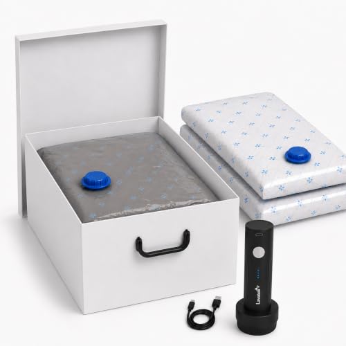 Lavatelli Storage Box with Lid + 2 Vacuum Storage Bags 60x90 + Pump - Complete kit: 1 cardboard box with lid 50x39x24 cm, 2 vacuum storage bags 60x90 cm and 1 rechargeable pump