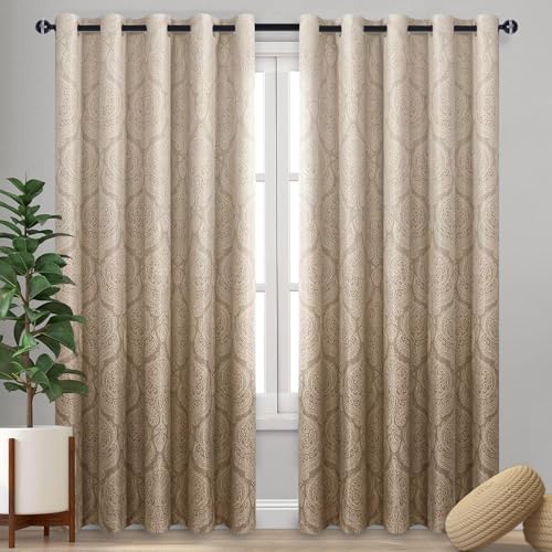 DWCN Ombre Room Darkening Blackout Curtains for Bedroom - Damask Patterned Thermal Insulated Grommet Drapes for Living Room, Set of 2 Gradient Window Curtain Panels, 70 x 84 Inches Long, Taupe