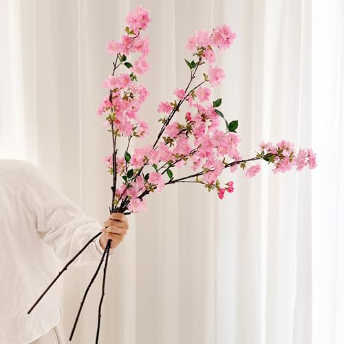 Senjie 3Pcs Artificial Cherry Blossom Branches, Fake Flowers Bouquet with Real Touch Long Stems, Faux Silk Flowers for Vases Wedding Party Table Centerpieces Spring Home Decor (Vase Not Included)