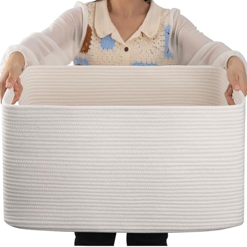 OIAHOMY 75L Large Cotton Rope Basket with Handle - Woven Storage Basket for Blankets, Toys, Living Room & Nursery - 22'x17'x12' - White