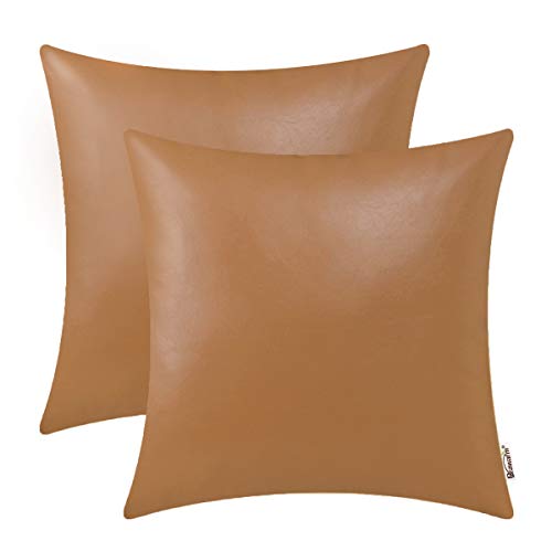 BRAWARM Decorative Throw Pillow Covers, Faux Leather Throw Pillow Cushion Covers, Solid Faux Leather Couch Cases for Living Room Garden Bed, Tan, 50cm x 50cm, Pack of 2