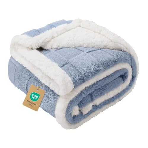 Luciphia Waterproof Dog Blanket for Small Dogs Washable Soft Sherpa Fleece Cat Blankets with 3D Jacquard Cozy Calming Reversible Couch Protector Furniture Protection for Pet, Blue White, 40x28 inch