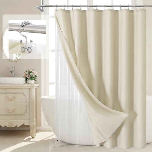 MitoVilla 3 in 1 Shower Curtain Set, Neutral Boho Farmhouse Linen Textured Bath Curtain and Clear PEVA Liner Set with 12 Double Sided Steel Hooks, Waterproof Fabric Hotel Bathroom Curtain - 72x72