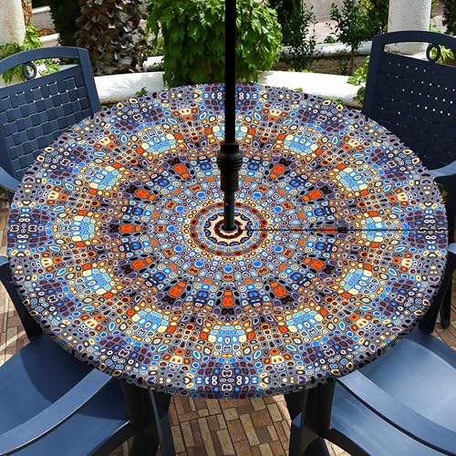 "Buwuta Outdoor Tablecloth with Umbrella Hole Waterproof Round Fitted Tablecloth with Elastic Zippered Wipeable Table Cloth Round Cover for Picnic, Patio,Garden Fits to 36""-44"" Patio Tables"