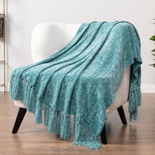 Pavilia Teal Green Throw Blanket for Couch & Sofa, Soft Knit Woven Turquoise Blanket with Tassel, Decorative for Chair & Living Room, 50x60