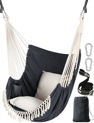 Chihee Hammock Chair Hanging Swing 2 Seat Cushions Included,Strong Webbing Straps and Hooks for Easy Hanging Soft Cotton Weave Hanging Chair Side Pocket Large Tassel Chair Set Comfort Indoor Outdoor