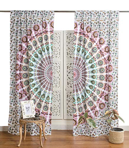 Popular Handicrafts Indian Hippie Bohemian Beautiful Peacock Mandala Curtain Panels White Multicolor