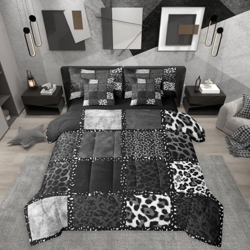 Grey Leopard Print 7 Pieces Bedding Set Queen Size,Animal Skin Texture Bed in a Bag,Patchwork Geometric Bed Set Includes Comforter,Sheet Set,Pillowcases & Pillow Covers,Farmhouse Bedroom Decor
