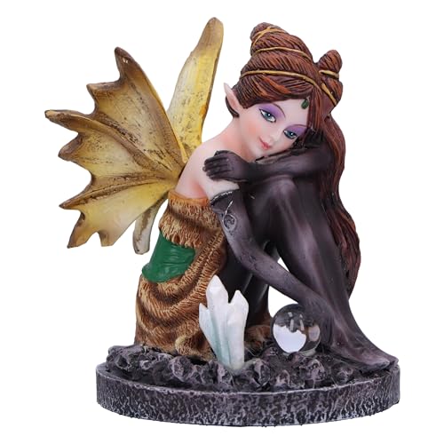 Nemesis Now Crystal Fairy Amber Figurine 8.2cm, Fantasy Gift - Resin, Amber Autumn Fairy Figurine, Crystals, Sitting Fairy Holding Glass Ball, Cast in the Finest Resin