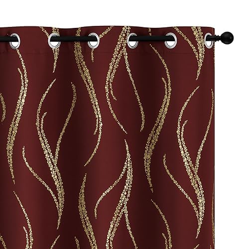 Yakamok Blackout Curtains 54 inch Length Living Room Thermal Insulated Gold Wave Line Dots Pattern Curtains Room Darkening Grommet Curtains for Bedroom, Burgundy, W42 x L54-inch, 2 Panels