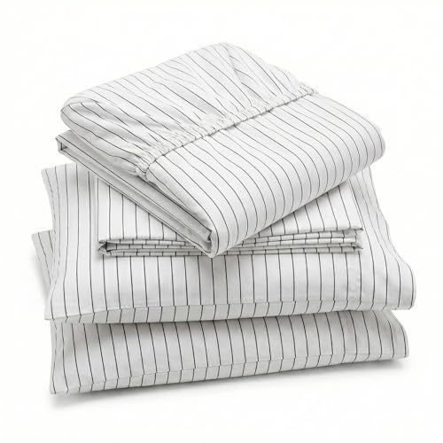 Peru Pima 415 Thread Count Percal Full Sheet Set - 100% Peruvian Pima Cotton, 4 Piece (Flat, Fitted, 2 Pillowcases) - Cooling, Crisp, Deep Pocket, Hotel Quality Bedding - Pinstripe White