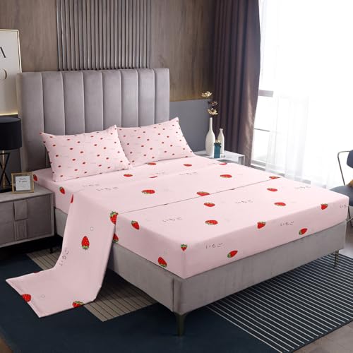 Manfei Cute Strawberry Bedding Set Full Size Kawaii Fruits Theme Pink Bed Sheet Set 4pcs with Deep Pocket Fitted Sheet + Flat Sheet + 2 Pillowcases Japanese Style Girly Sheet Set for Kids Girls