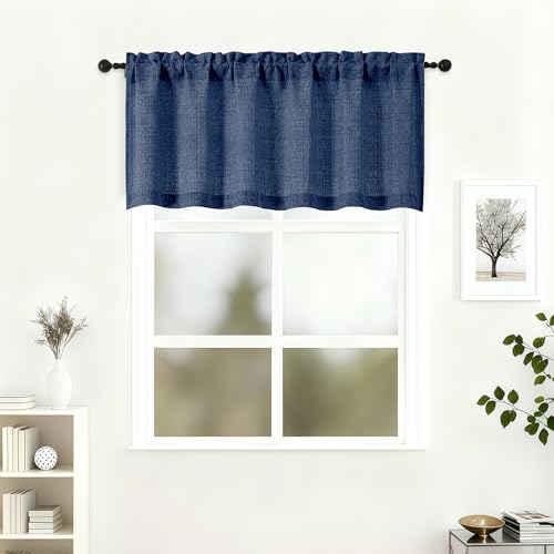 "Lecloud Navy Blue Valance 22 Inch Length, Airy Privacy Light Filtering Window Treatments Kitchen Curtains, Short Modern Drapes with Rod Pockets for Bathroom Cafe Basement, 60"" W x 22"" L 1 Panel"