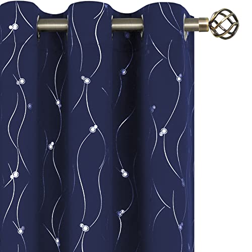 BGment Blackout Curtains with Silver Wave Line and Dots Pattern Foil Print Grommet Drapes for Bedroom Living Room, Set of 2 Panels (42 x 84 Inch, Navy Blue)