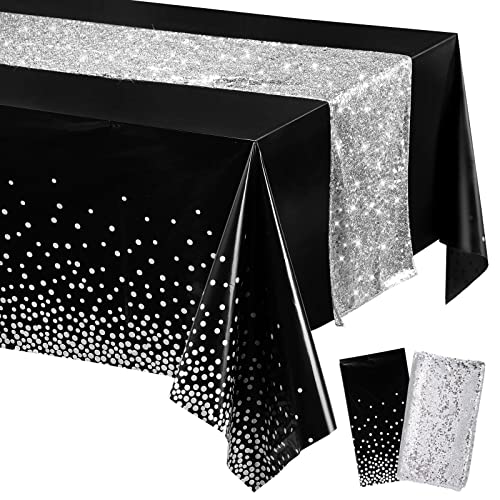 Irenare Tablecloth and Sequin Table Runner Set Polka Dots Confetti Table Cover Dining Plastic Tablecloths Glitter Decorations for Birthday Wedding Anniversary Party Supplies(Black, Silver,2 Pcs)