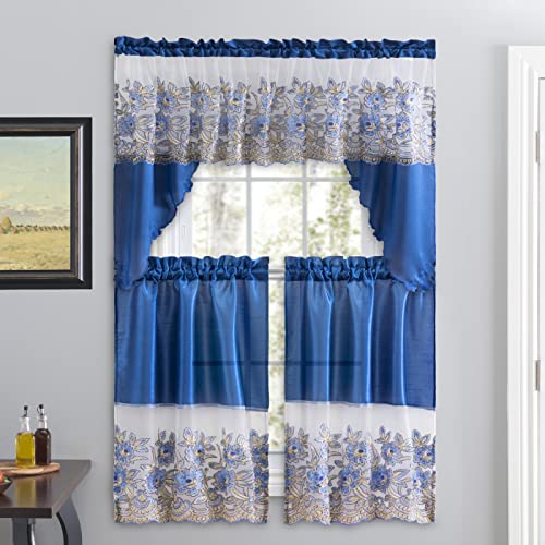 American Linen 3-Piece Sequin Embroidered Caf?? Curtain Set - 3-piece curtain set with matching valance and tiers. Floral embroidery, sequin accents, semi-sheer light-filtering fabric.