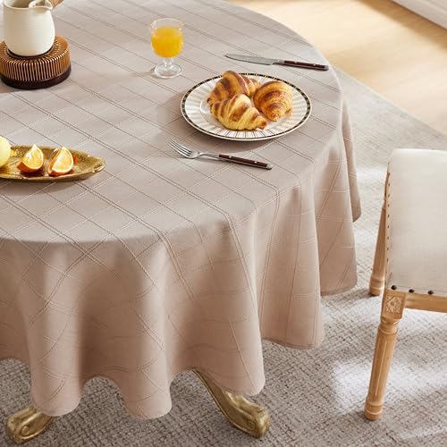 ZeeMart Linen Checked Round Table Cloth 52 Inch Taupe - 3D Woven Grid Jacquard, Soft Natural Draping, Wrinkle???Resistant, Fray???Proof Hem, Multi???Occasion Decor Farmhouse Tablecloth