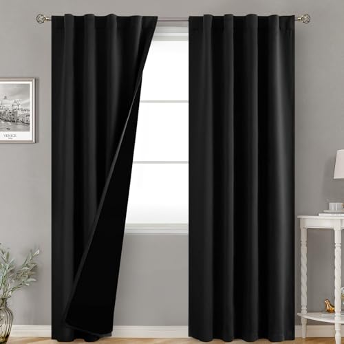 BGment Black 100% Blackout Curtains for Bedroom, 84 Inch Length 2 Panels Set Black Out Living Room Panels with Thermal Liner, Rod Pocket and Back Tab Double Layer Room Darkening Drapes, 38 x 84 Inch