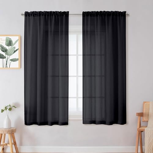 Chyhomenyc Crushed Sheer Black Curtains 63 Inch Length 2 Panels, Light Filtering Solid Crinkle Voile Short Sheer Curtian for Bedroom Living Room, Each 42Wx63L Inches