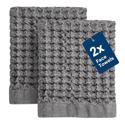 "Onsen Supima Waffle Face Towel 2 Pack - Luxury Cotton Towels - Quick Dry, Soft, Absorbent, Lightweight Spa Towels for Bathroom - Cinder Grey, 12"" x 12"""