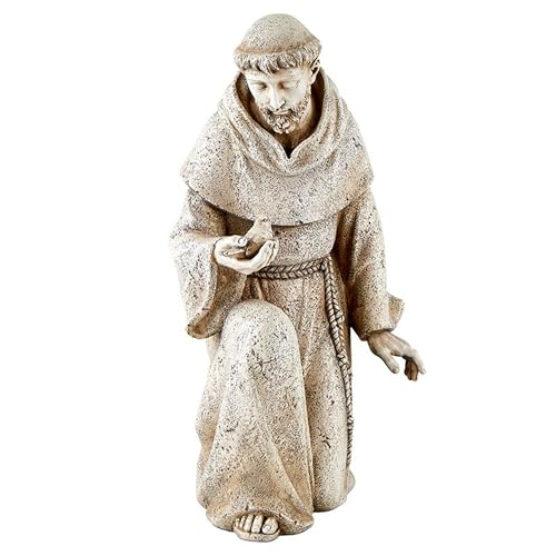 "Avalon Gallery Garden Statue - Saint Francis of Assisi Stone-Resin Indoor/Outdoor Catholic Sculpture, 14.5"" Tall, Kneeling with Bird"