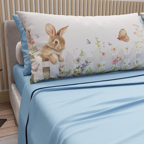 PETTI Artigiani Italiani - Easter Cotton Sheets with Pillowcases in Digital Print, Single Bed Sheet, Single Bed Set, 19 Light Blue, Made in Italy