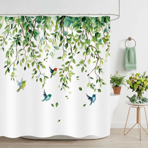 ZCHOMI Green Leaves and Birds Shower Curtain Spring Hanging Vine Plant Nature Shower Curtains for Bathroom Waterproof Polyester Fabric Bath Curtain 72 x 72 Inch with 12 Hooks