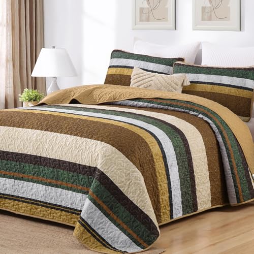 "Dobuyly Brown Quilt Set Queen Size, Boho Fall Bedspread, Striped Bedding Sets 3 Pieces, Lightweight Soft Coverlet Bed Sets with 2 Pillow Shams 96""x90"""