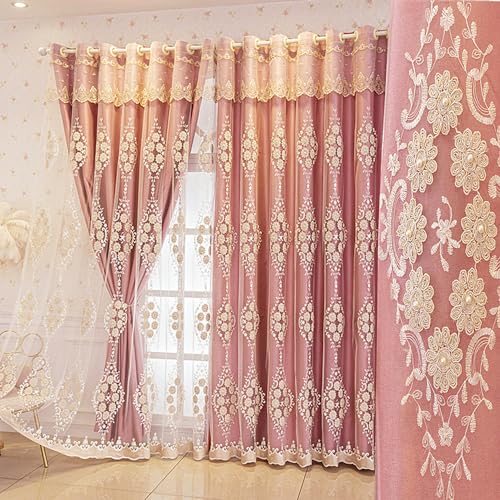 Amidoudou 1 Pair European Double Layer Curtains with Valance for Living Room Bedroom 3D Flower Embroidered Curtains (Pink,51x95 Inch)