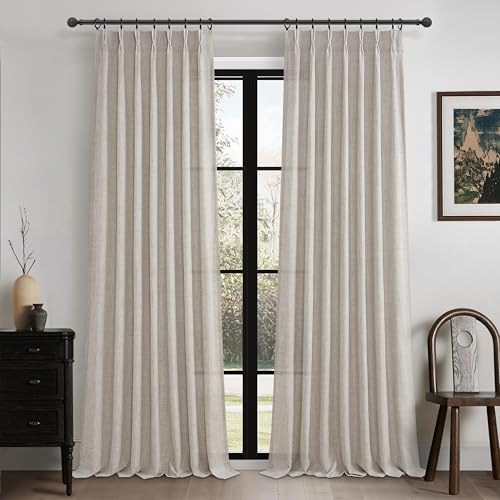 Greyish Brown Pinch Pleat Extra Wide Sheer Curtains 70 x 90 Inches Long for Bedroom, Memory Shape Natural Linen Rustic Ceiling Track Curtain Light Filtering Windows Drapes 2 Panels Set with Back Tab