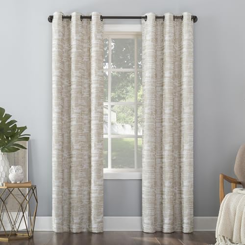 "Sun Zero Parrish Distressed Grid Thermal Extreme Total Blackout Grommet Curtain Panel, 40"" x 84"", Linen"