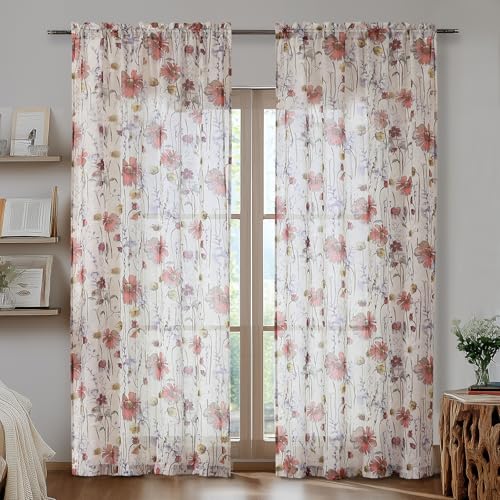 OVZME ZM Pressed Flowers Sheer Curtains 2x42x84 Multi