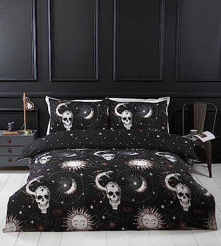Rapport Home Dark Dreams Tarot Duvet Cover Set Single - Reversible Gothic Skull Bedding with Pillowcase - Soft Polyester Black Mystical Print for Adults