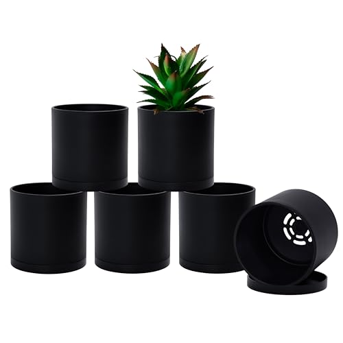 D'vine Dev 6-Pack Black Plastic Planters with Saucers, 4 in, 74-Y-E-3 - Lightweight Durable Build, Matte Finish, Cylindrical Shape, Efficient Drainage, Detachable Saucer, Minimalist Modern Style