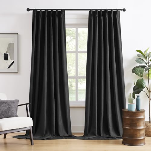 Pinch Pleated Blackout Cabin & Drapes 100 Inch Length with Hooks for Track System, Blackout Thermal Insulated Window Curtains for Living Room, 40W x 100L 2 Panels, Back Tab, Black