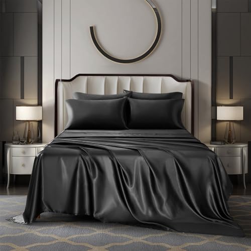 AiMay 4 Piece Queen Size Satin Bed Sheet Set Deep Pocket Solid Black Color Luxury Silky Super Soft 1 Flat Sheet 1 Fitted Sheet 2 Envelope Style Pillowcases Reversible Honeymoon (Black, Queen 4pc)
